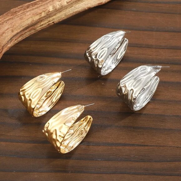 14K Gold Womens Chunky Hammered Semi Hoop Earrings Ladies 14 K Silver Jewelry